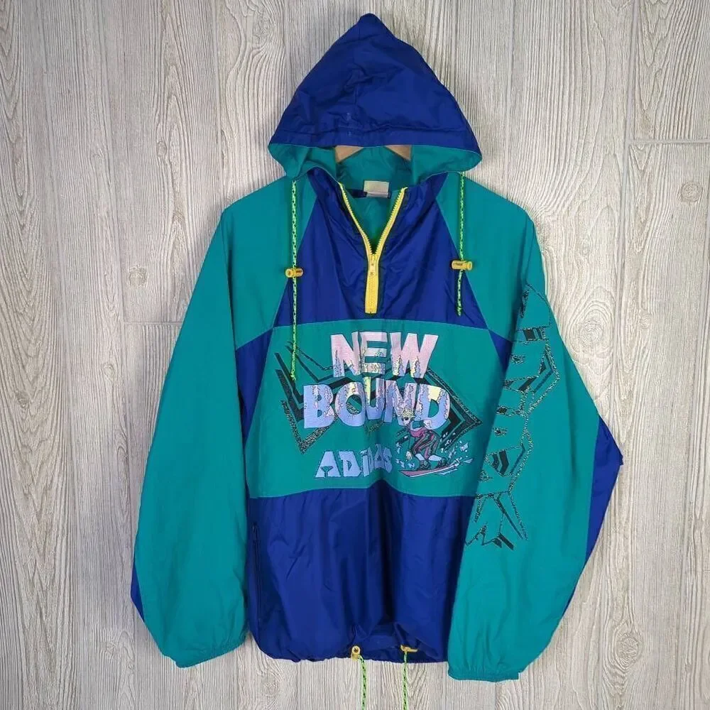 Vintage Adidas Mens Medium New Bound Anorak Jacket Streetwear Blue Green Hooded